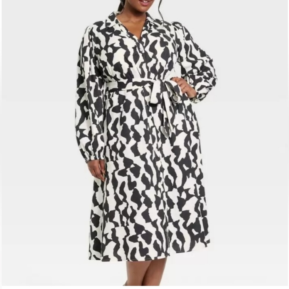 ava & viv black & cream longsleeve print buttondown shirtdress 1X